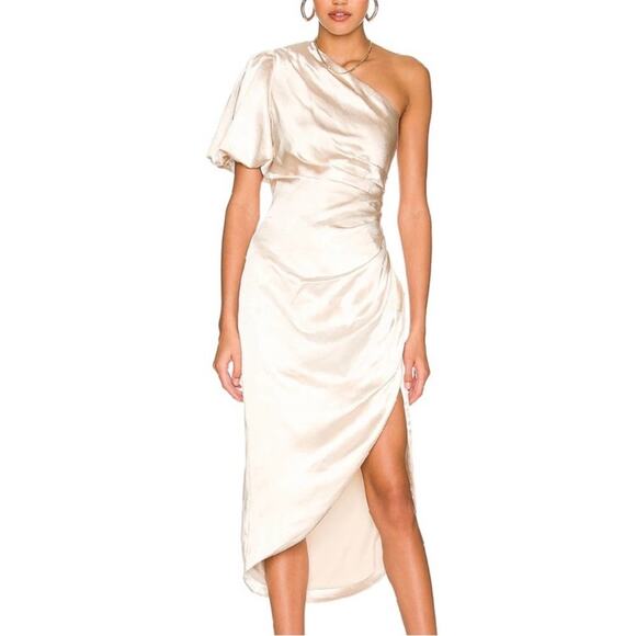 Elliatt Dresses & Skirts - ELLIATT Cinda Satin Midi Dress in Pearl one shoulder puff sleeve bridal revolve